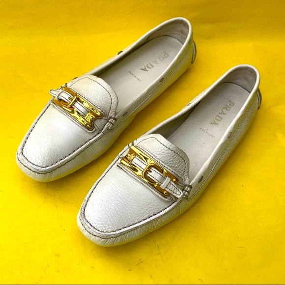 White/gold Prada pebbled leather shoes - Picture 3 of 16